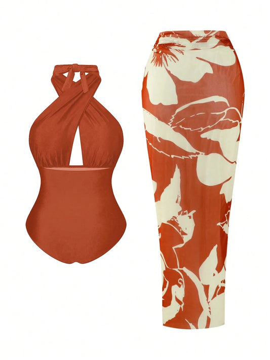 Swim Oasis Plus Size Women 2pcs Set Halter Backless Swimsuit With Random Print Beach Cover Up And Half Skirt,Vacation Casual Swimwear Rojos,Summer,Beach,Holiday