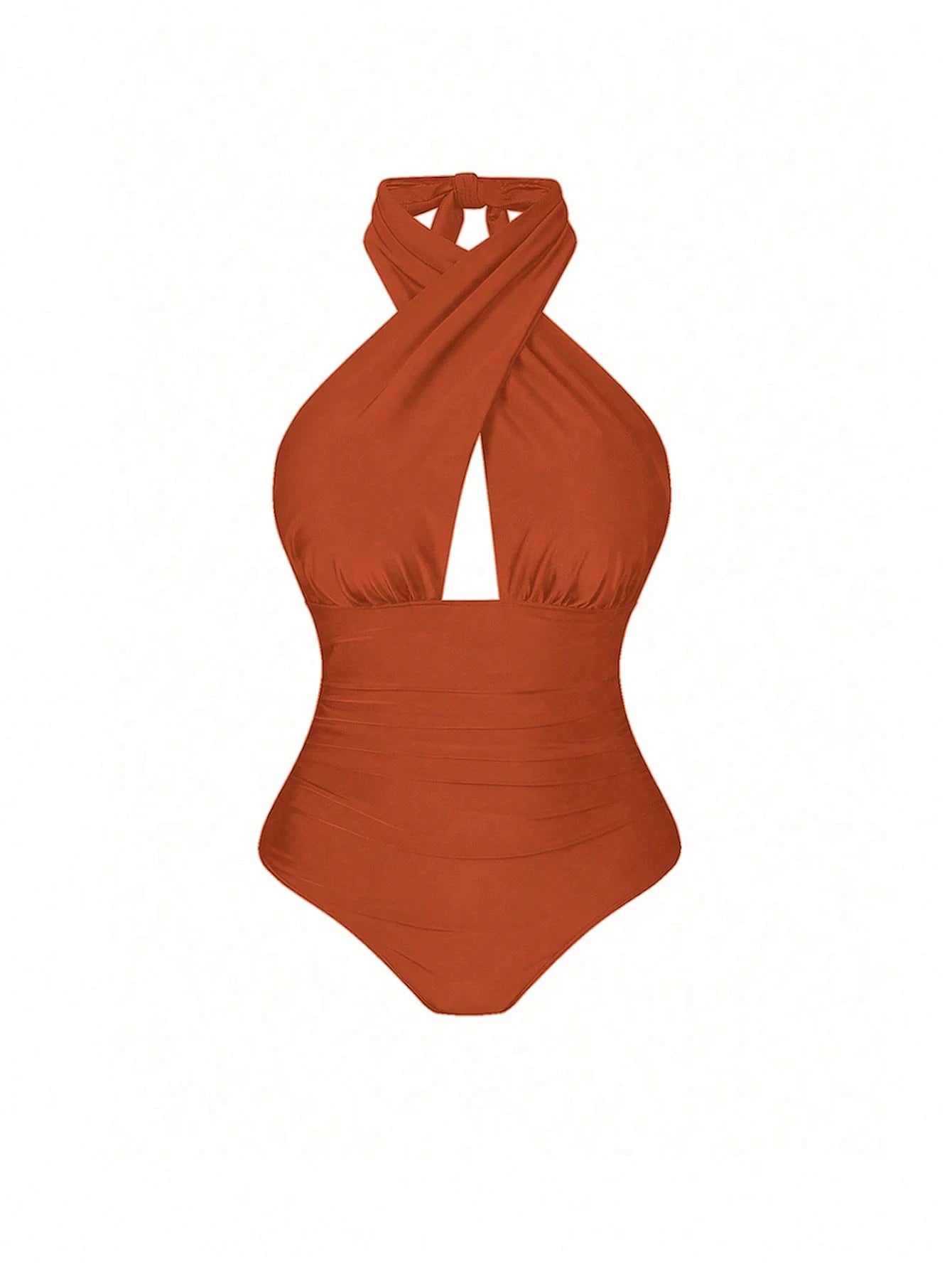 Swim Oasis Plus Size Women 2pcs Set Halter Backless Swimsuit With Random Print Beach Cover Up And Half Skirt,Vacation Casual Swimwear Rojos,Summer,Beach,Holiday