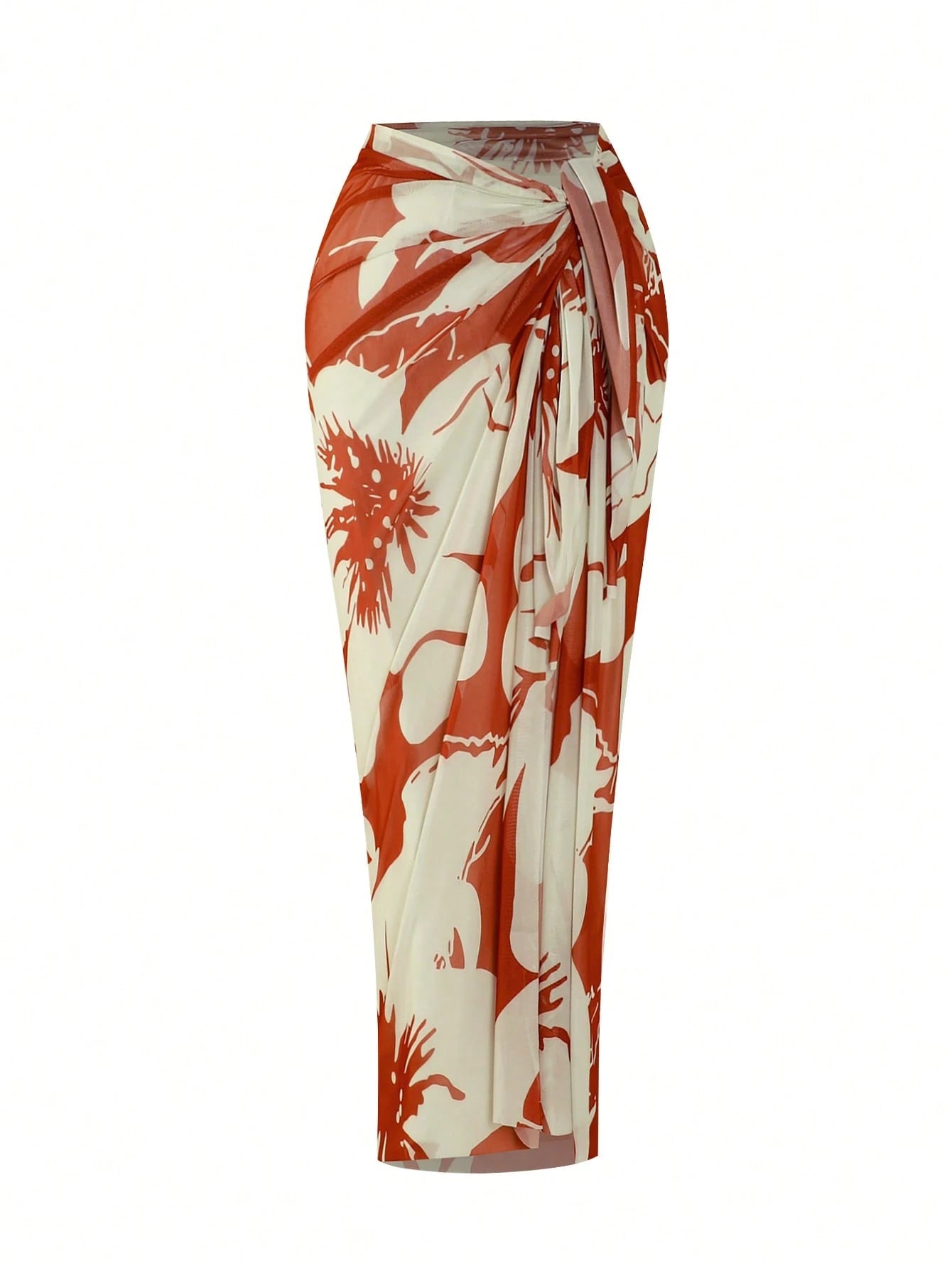 Swim Oasis Plus Size Women 2pcs Set Halter Backless Swimsuit With Random Print Beach Cover Up And Half Skirt,Vacation Casual Swimwear Rojos,Summer,Beach,Holiday