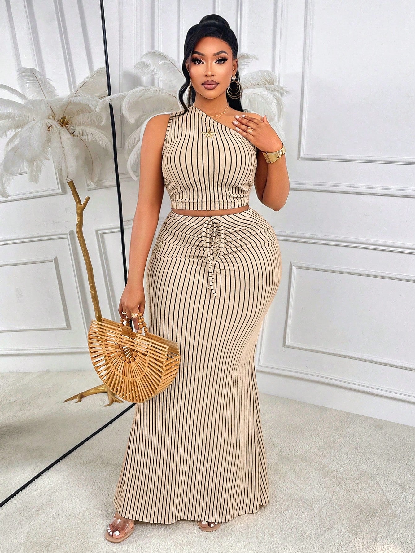 AIJ Amarilo Plus Size Women's Summer Casual Striped Print Off Shoulder Ruffle Crop Top And Ruffle Mermaid Skirt 2-Piece Set (Random Print)