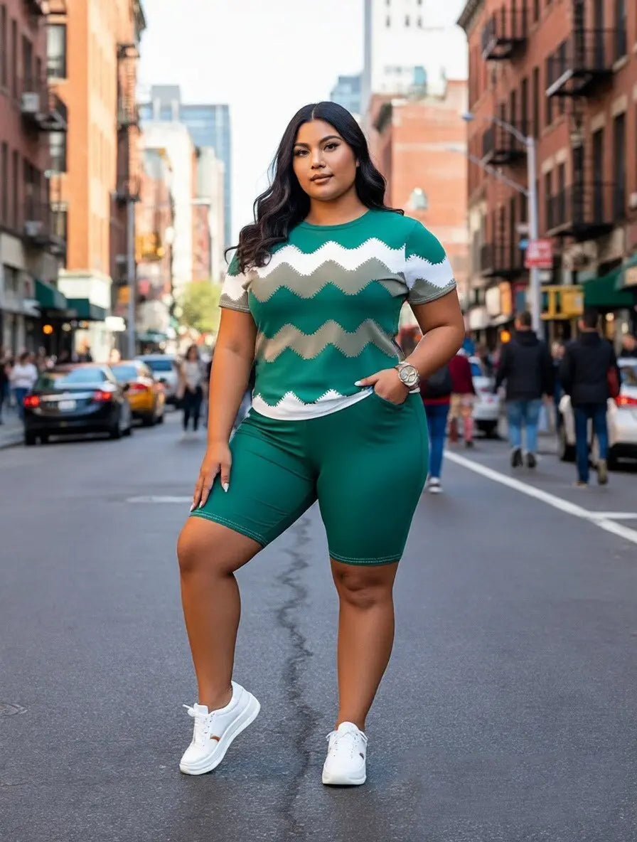 Plus Size Women's Striped Short Sleeve Crew Neck T-Shirt and Solid Color Elastic Waist Wide leg pants Set,SummerVibes Medium Stretch Knit Fabric, Casual Two-Piece Outfit for Spring/Fall Womenswear Adjustable Clothes Matching Suits Top SummerVibes