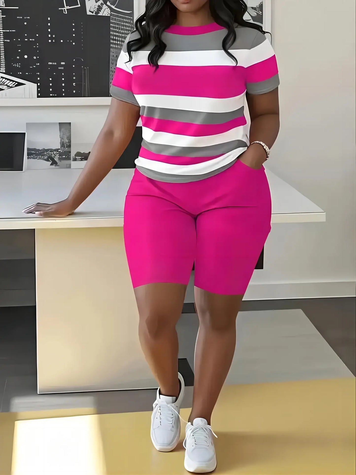 Plus Size Women's Striped Short Sleeve Crew Neck T-Shirt and Solid Color Elastic Waist Wide leg pants Set,SummerVibes Medium Stretch Knit Fabric, Casual Two-Piece Outfit for Spring/Fall Womenswear Adjustable Clothes Matching Suits Top SummerVibes