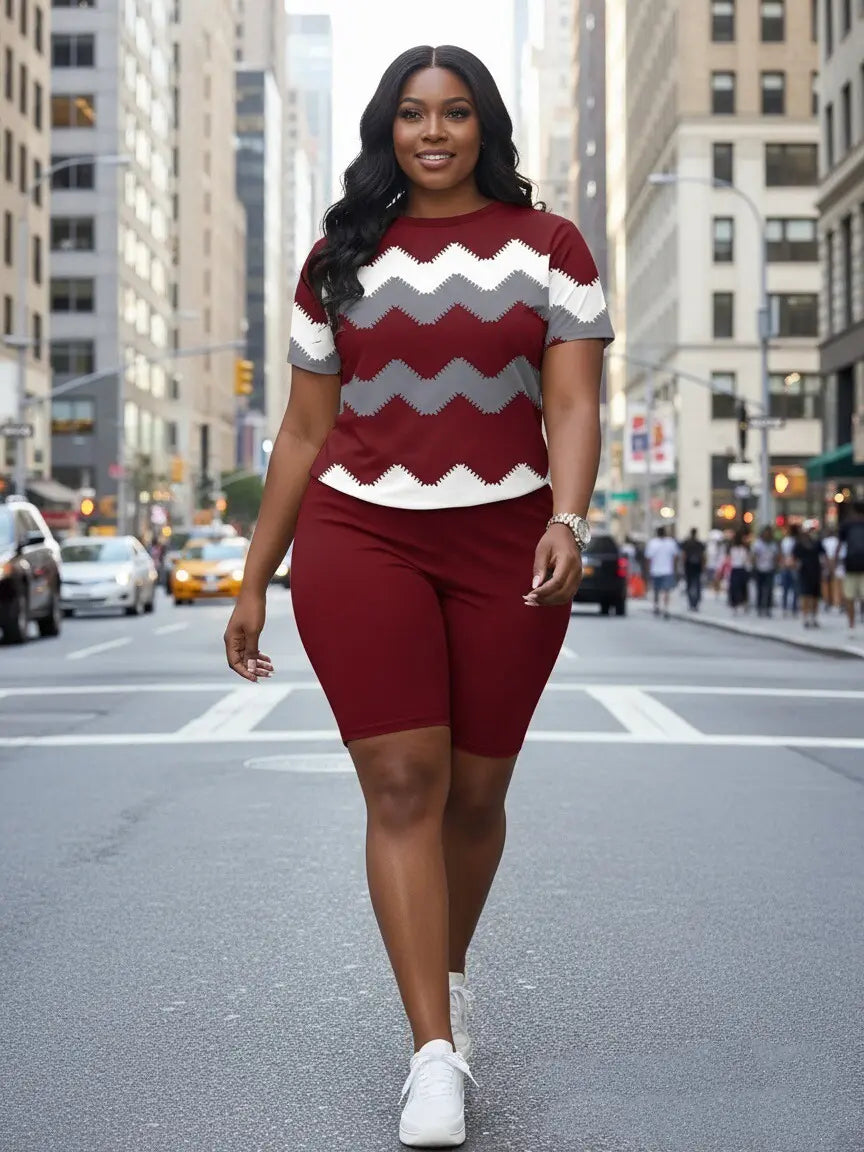Plus Size Women's Striped Short Sleeve Crew Neck T-Shirt and Solid Color Elastic Waist Wide leg pants Set,SummerVibes Medium Stretch Knit Fabric, Casual Two-Piece Outfit for Spring/Fall Womenswear Adjustable Clothes Matching Suits Top SummerVibes