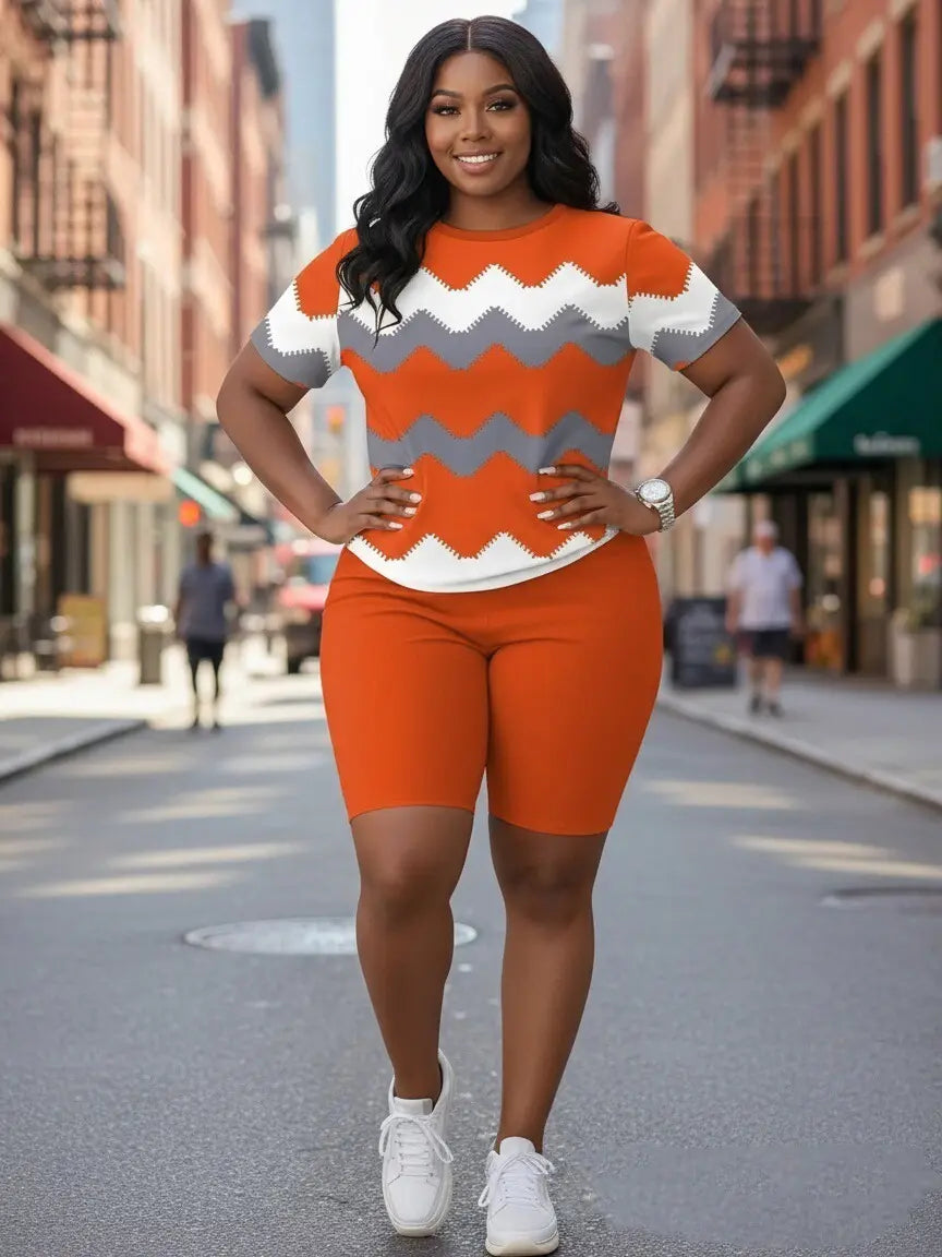 Plus Size Women's Striped Short Sleeve Crew Neck T-Shirt and Solid Color Elastic Waist Wide leg pants Set,SummerVibes Medium Stretch Knit Fabric, Casual Two-Piece Outfit for Spring/Fall Womenswear Adjustable Clothes Matching Suits Top SummerVibes
