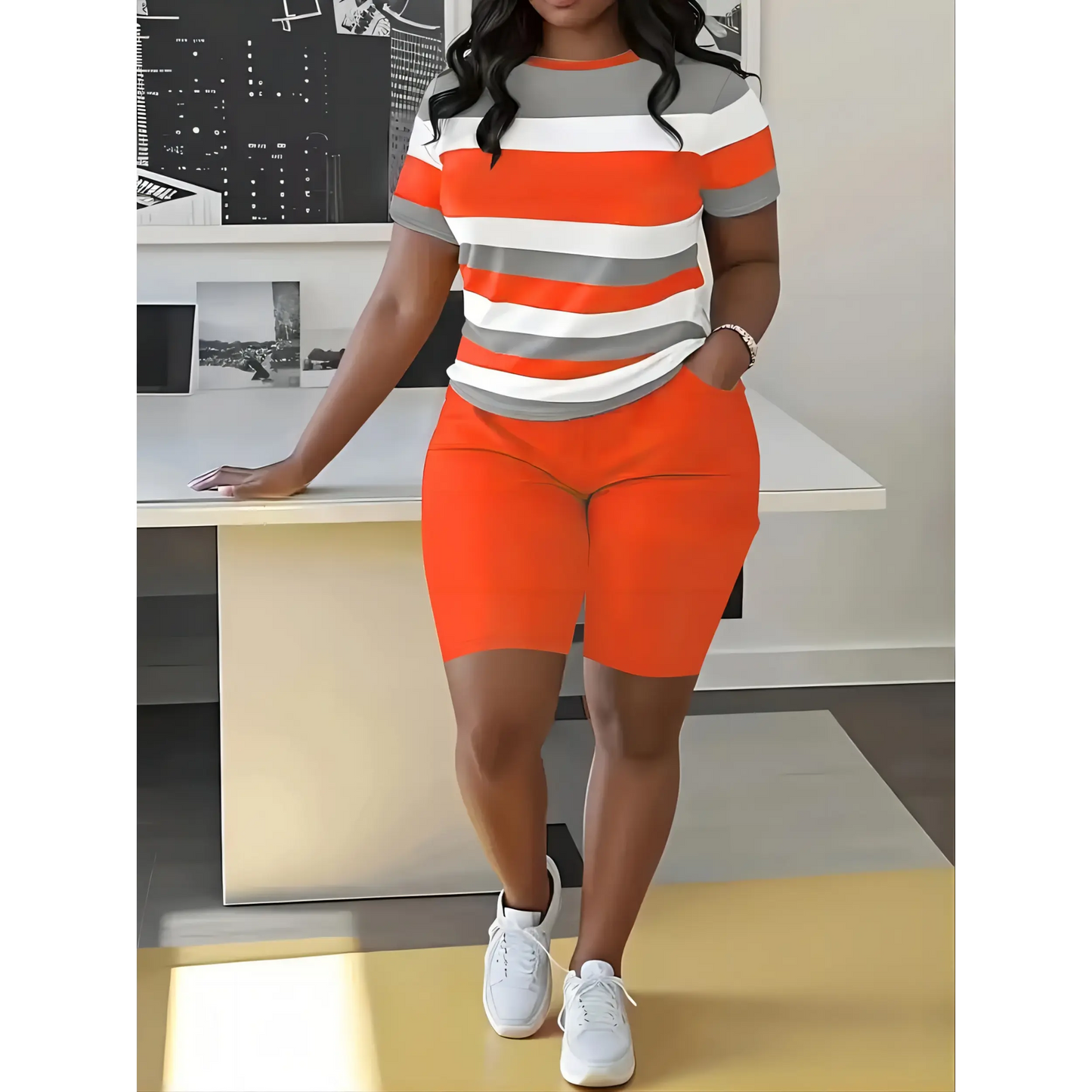 Plus Size Women's Striped Short Sleeve Crew Neck T-Shirt and Solid Color Elastic Waist Wide leg pants Set,SummerVibes Medium Stretch Knit Fabric, Casual Two-Piece Outfit for Spring/Fall Womenswear Adjustable Clothes Matching Suits Top SummerVibes